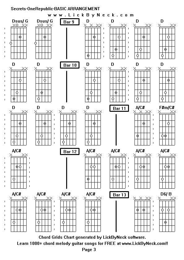 Chord Grids Chart of chord melody fingerstyle guitar song-Secrets-OneRepublic-BASIC ARRANGEMENT,generated by LickByNeck software.